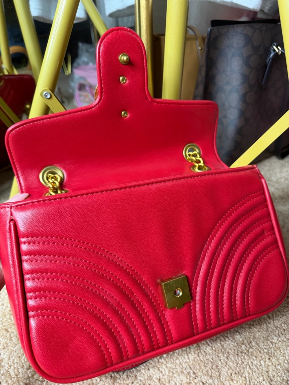 Red Quilted GG Style Gold Chain Shoulder Bag Chevron Heart Detail ❤️✨ - Picture 6 of 13